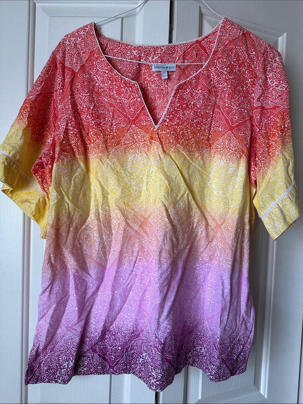 Fashion Bug Ombre Bandana Print Short Sleeve Tunic - Red, Yellow, Purple